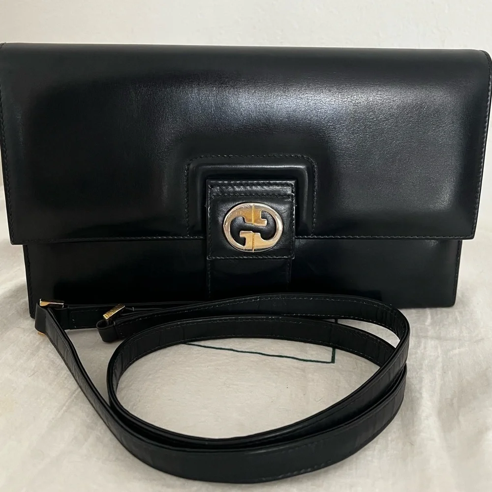 Rare Vintage Gucci Shoulder Clutch Bag Black Leather 1970s